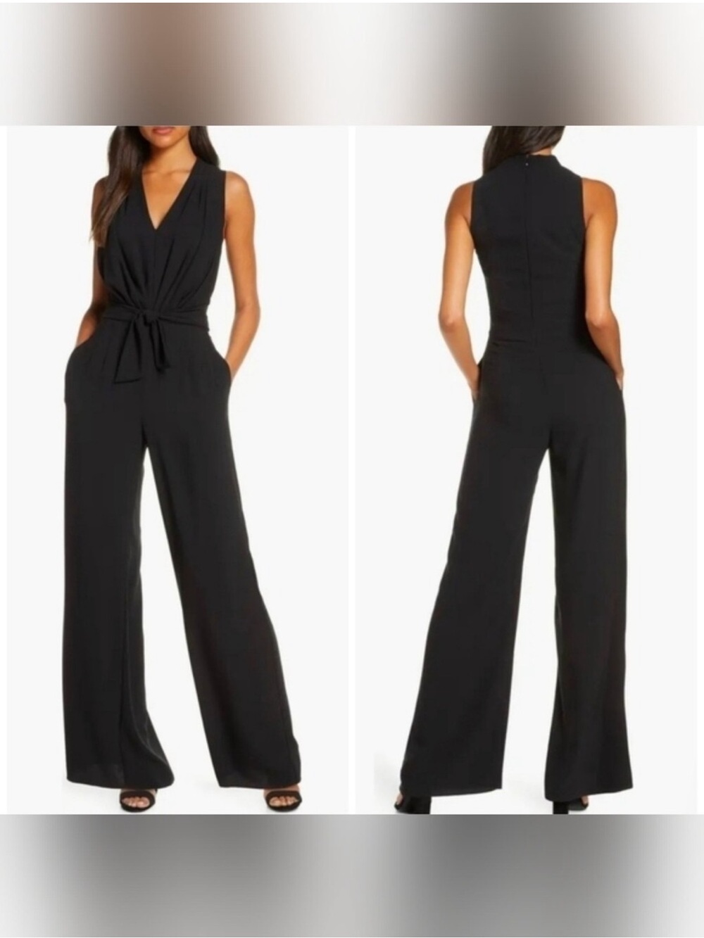 Gal Meets Glam Black Sleeveless V-Neck Jumpsuit with Waist Tie